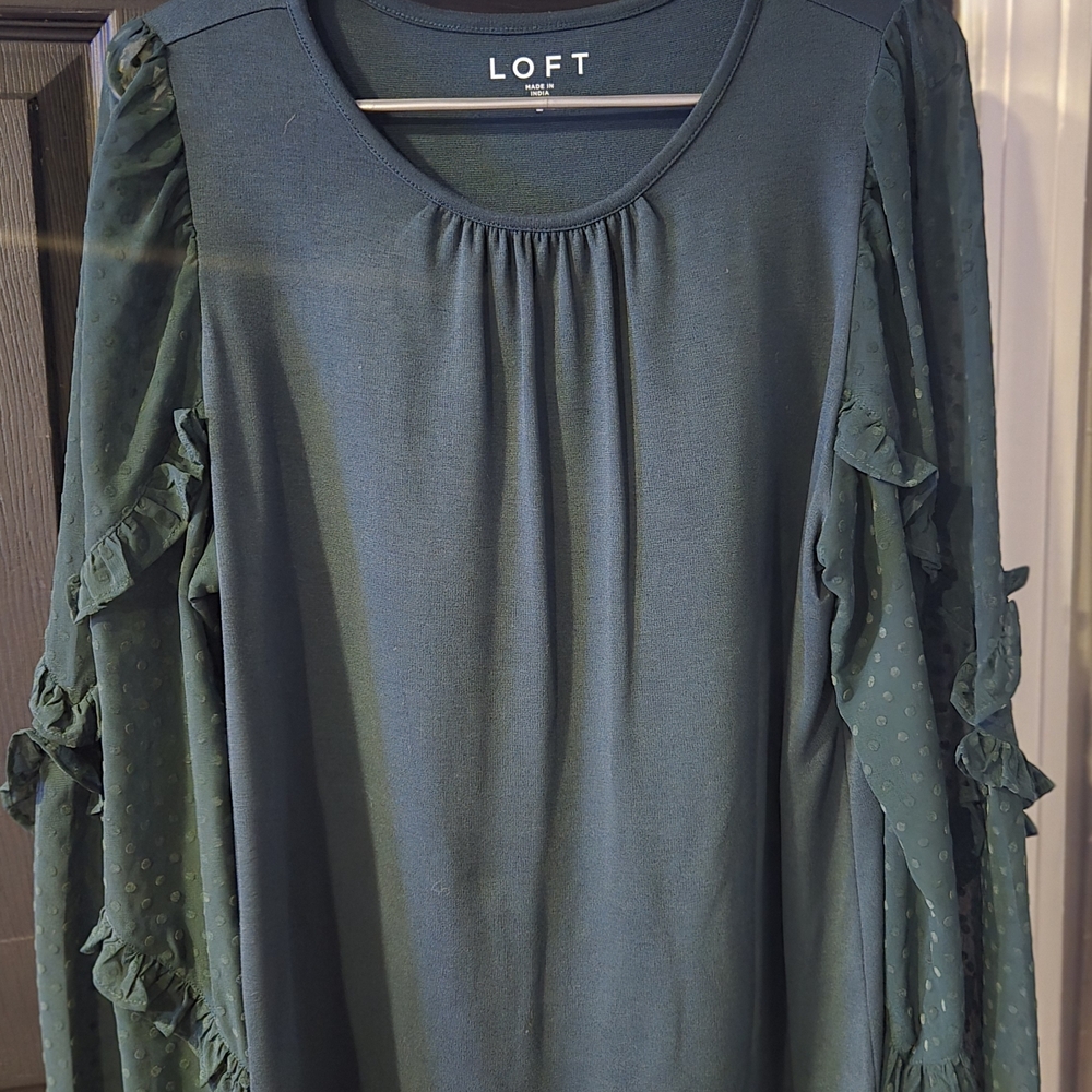 LOFT Dark Green Ruffle Sleeve Blouse